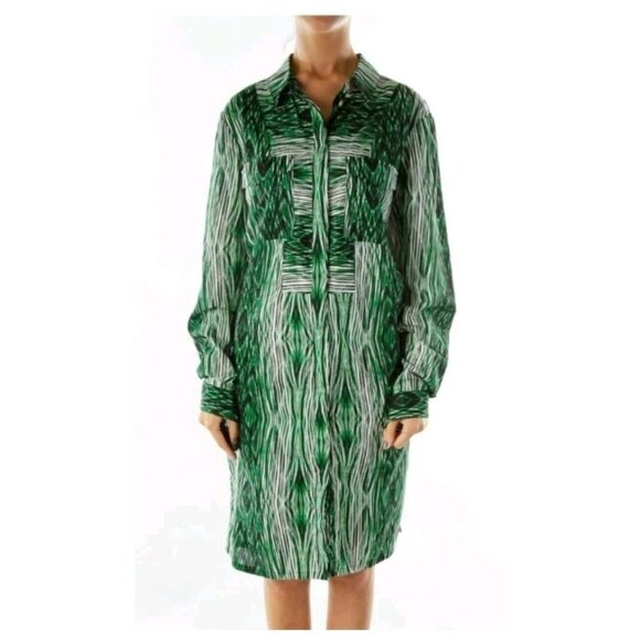 New with Tags! Derek Lam Green & White Wood Grain Pattern Shirt Dress Size L - Picture 3 of 10